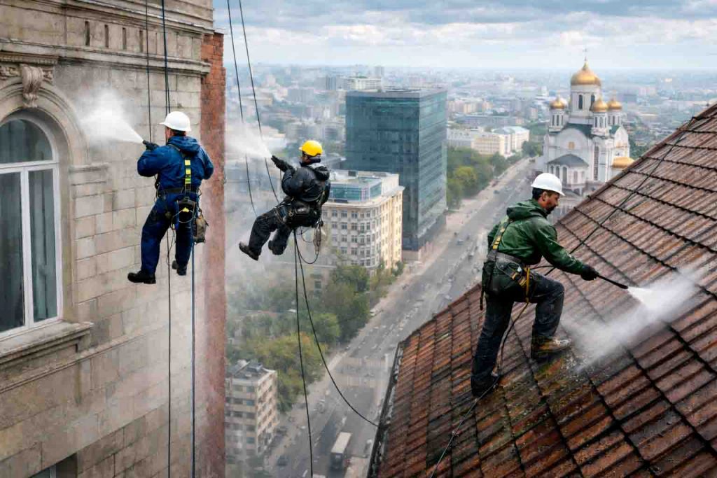 Нюансы гидроструйной очистки фасадов и крыш — Промышленный альпинизм АЛЬП96
